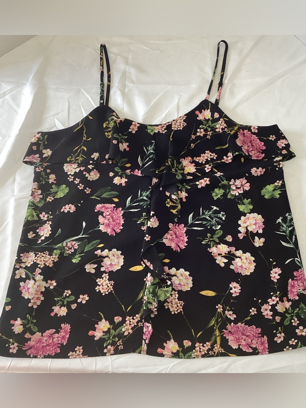 Monteau Black Floral Ruffle Cami with Pink Flowers